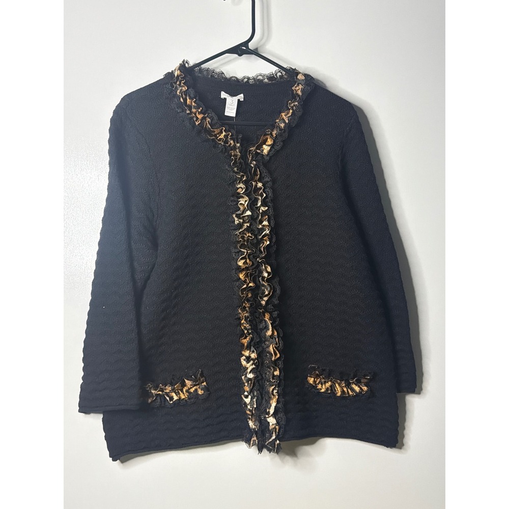 Chico's Animal Frills Coco Cardigan Black Leopard Ruffle Lace Sweater Size 3